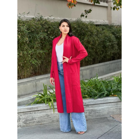 Longline Open Front Cardigan Red Duster Knit Sweater Women - Picture 3 of 7